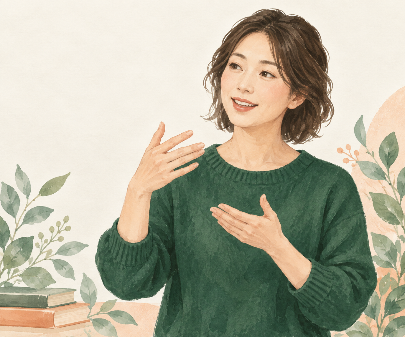 緑のセーターを着た女性が、手を動かしながら学ぶ様子のイラスト